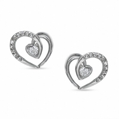 Heart-Shaped Cubic Zirconia Curly Heart Stud Earrings in Sterling Silver