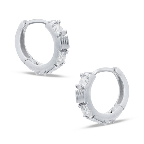 Cubic Zirconia Three Stone Huggie Hoop Earrings in Sterling Silver