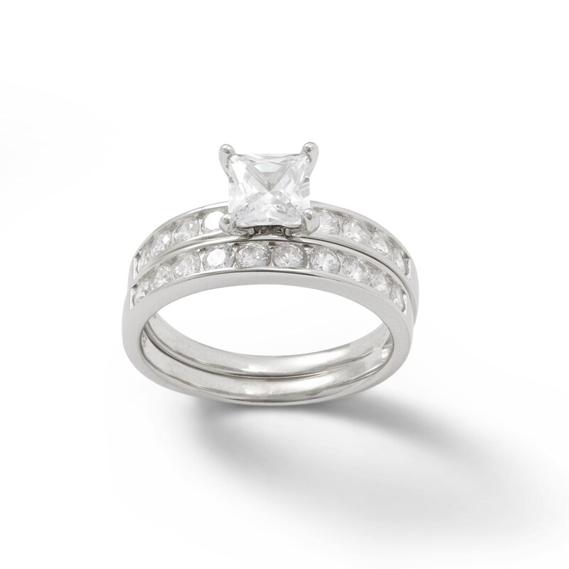 7.5.0mm Princess-Cut Cubic Zirconia Bridal Set in Sterling Silver - Size 8