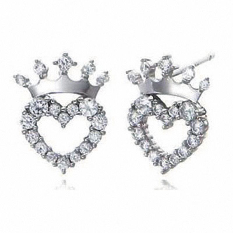 Child's Cubic Zirconia Heart with Crown Stud Earrings in Sterling Silver