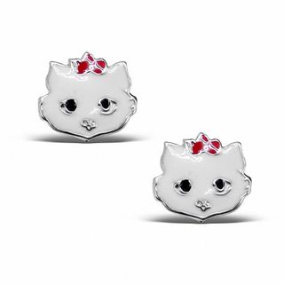 Child's Enamel Cat with Bow Stud Earrings in Sterling Silver
