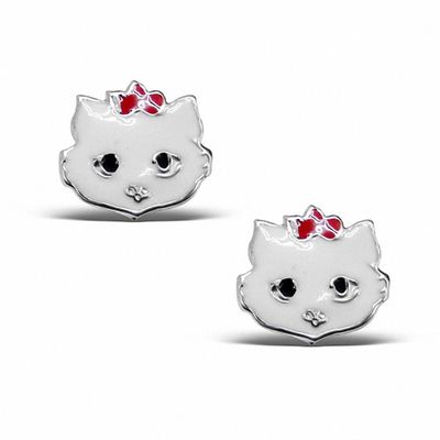 Child's Enamel Cat with Bow Stud Earrings in Sterling Silver