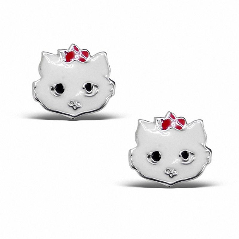 Child's Enamel Cat with Bow Stud Earrings in Sterling Silver