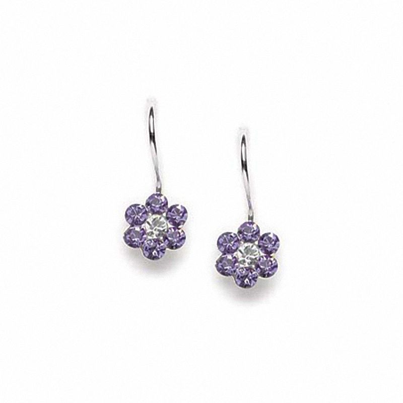 Child's Purple Crystal Flower Drop Earrings in Sterling Silver