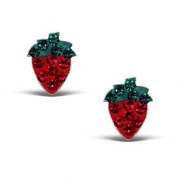 Child's Pink and Green Crystal Strawberry Stud Earrings in Sterling Silver