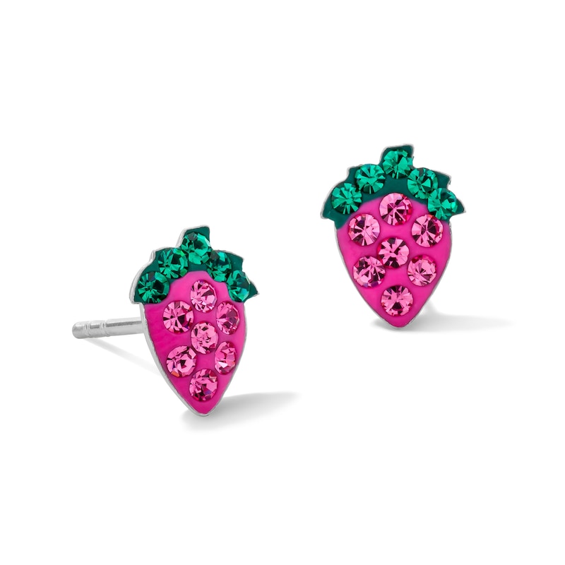 Main Image 1 of Child's Pink and Green Crystal Strawberry Stud Earrings in Sterling Silver