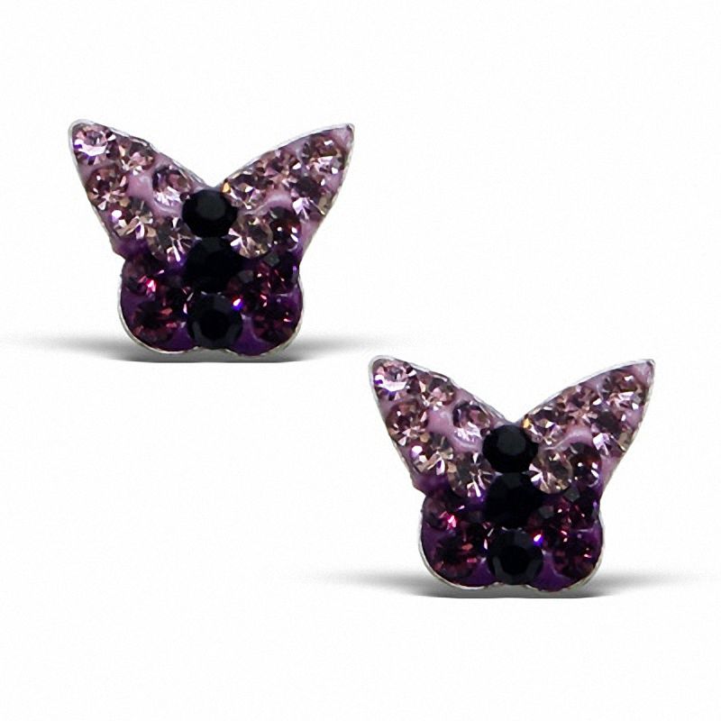 Child's Purple and Black Crystal Butterfly Stud Earrings in Sterling Silver