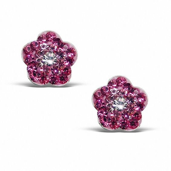 Child's Pink Crystal Flower Stud Earrings in Sterling Silver