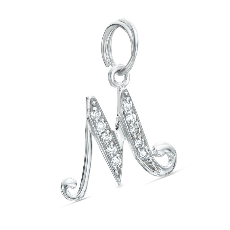 Cubic Zirconia Calligraphy Initial "M" Bracelet Charm in Sterling Silver