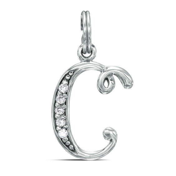 Cubic Zirconia Calligraphy Initial "C" Bracelet Charm in Sterling Silver