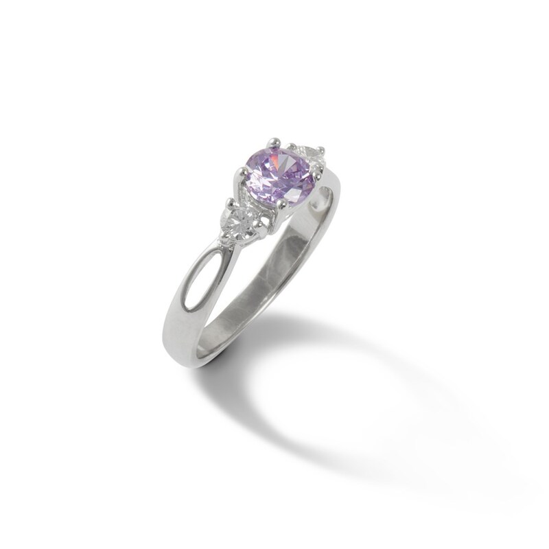 Lavender and White Cubic Zirconia Three Stone Ring in Sterling Silver - Size 6