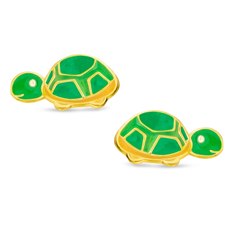 Child's Green Enamel Turtle Stud Earrings in 10K Gold