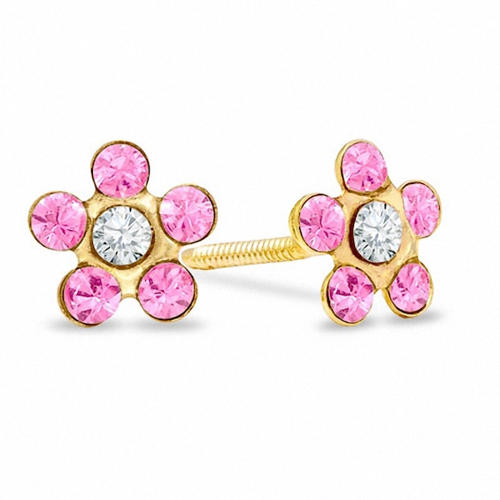 Pink Gemstone Flower Screw Back Stud Earrings | 14K Gold