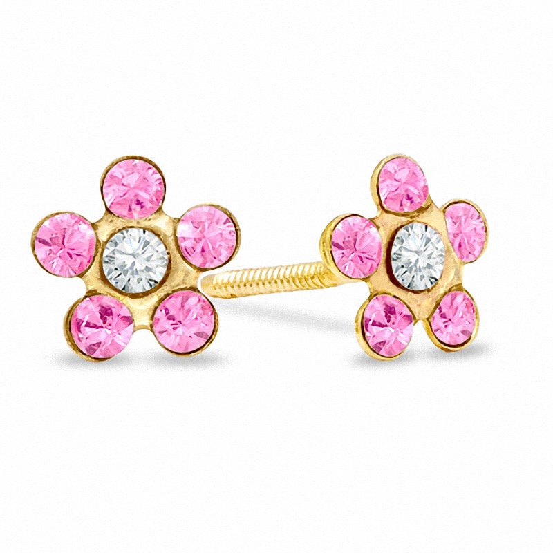Child's Pink Crystal Flower Stud Earrings in 10K Gold