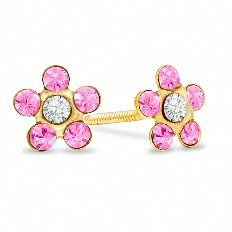 Main Image 1 of Child's Pink Crystal Flower Stud Earrings in 10K Gold