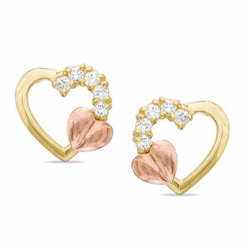 Main Image 1 of Cubic Zirconia Heart Stud Earrings in 10K Two-Tone Gold