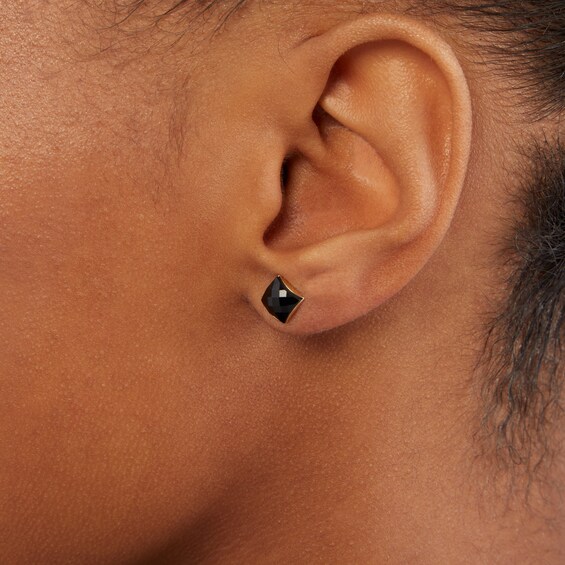 10K Solid Gold 6mm Square Black Crystal Dome Solitaire Studs