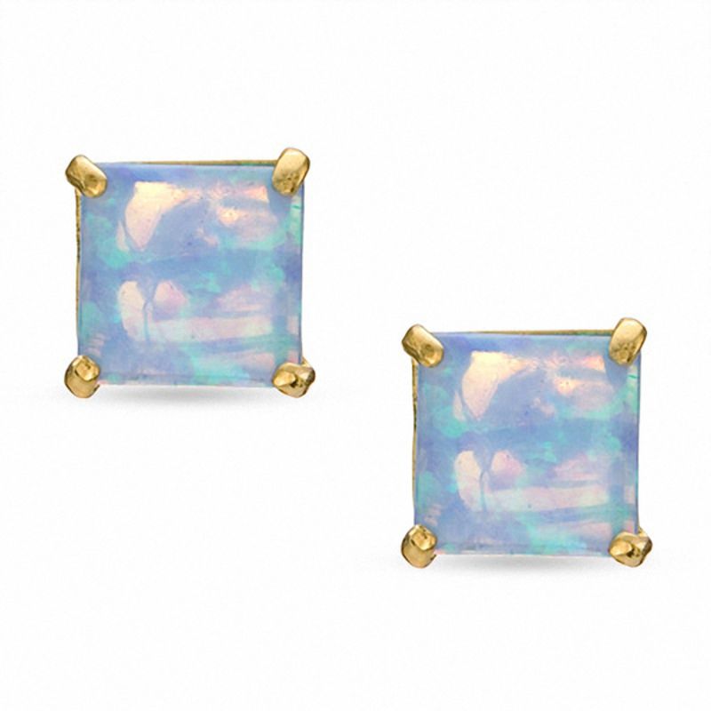 5.0mm Princess-Cut Blue Synthetic Opal Stud Earrings in 10K Gold