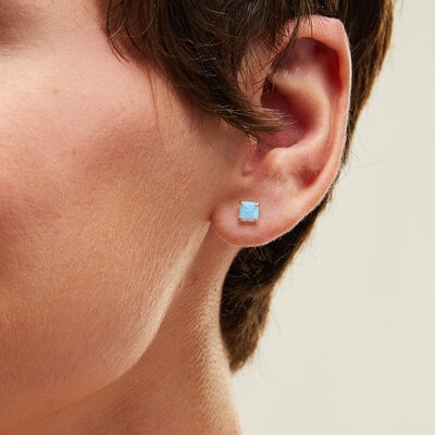 10K Solid Gold 5mm Princess-Cut Blue Simulated Opal Solitaire Studs