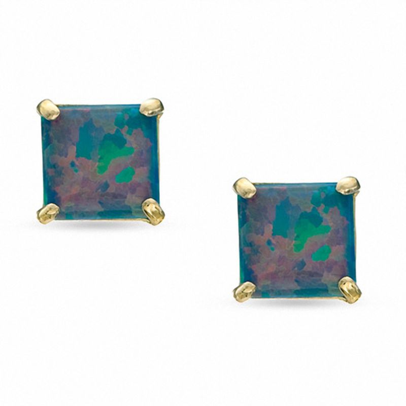 Main Image 1 of 5.0mm Princess-Cut Simulated Black Opal Stud Earrings in 10K Gold