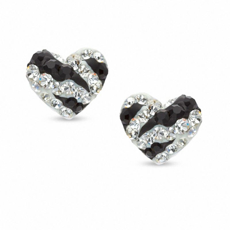 Main Image 1 of Black and White Crystal Zebra Heart Stud Earrings in 10K Gold