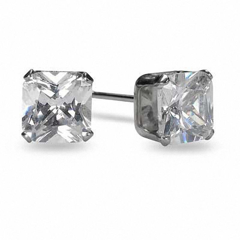 6.0mm Square-Cut Cubic Zirconia Stud Earrings in Stainless Steel