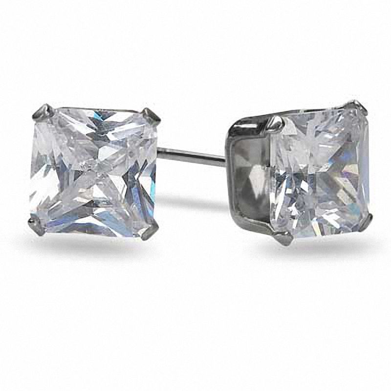 Main Image 1 of 7.0mm Square-Cut Cubic Zirconia Stud Earrings in Stainless Steel