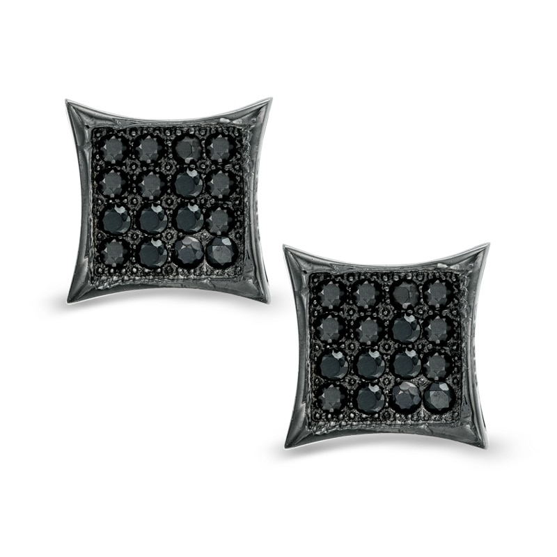 Black Cubic Zirconia Concave Square Stud Earrings in Sterling Silver with Black Rhodium