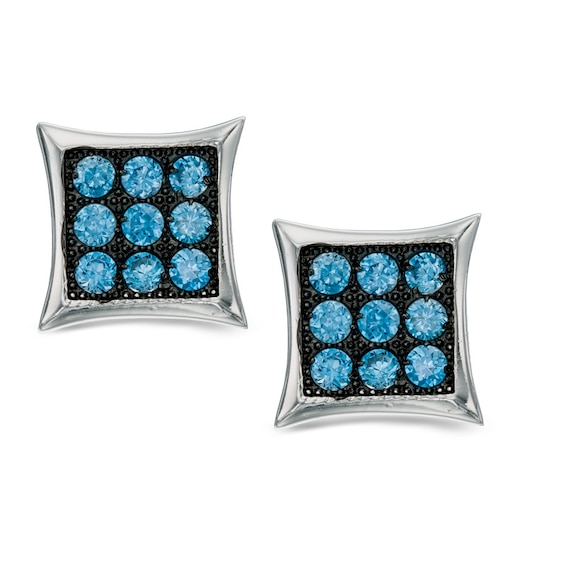 Blue Cubic Zirconia Square Stud Earrings in Sterling Silver