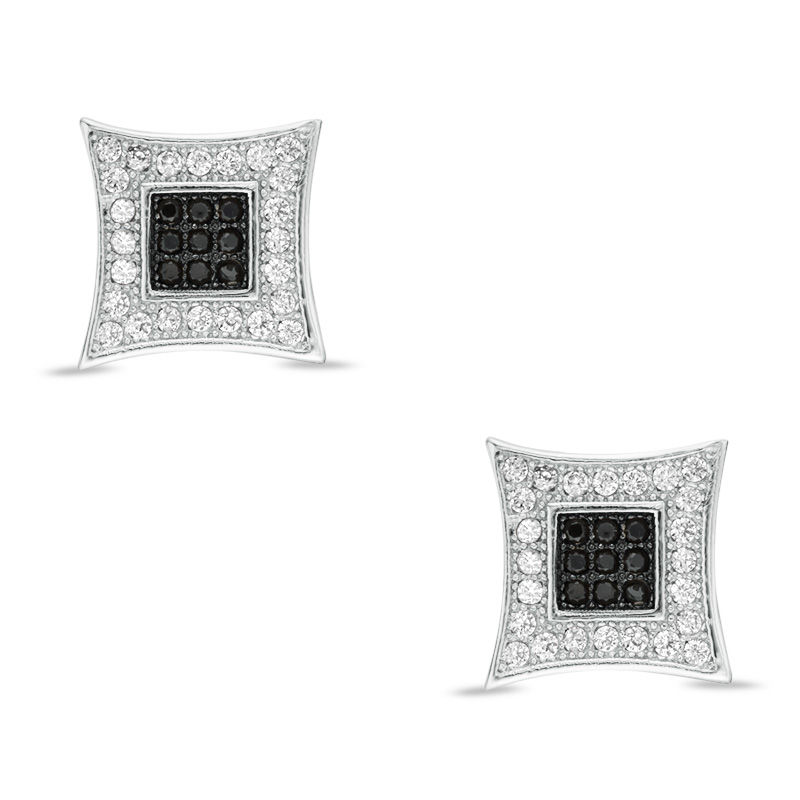 Men's Black and White Cubic Zirconia Concave Square Stud Earrings in Sterling Silver
