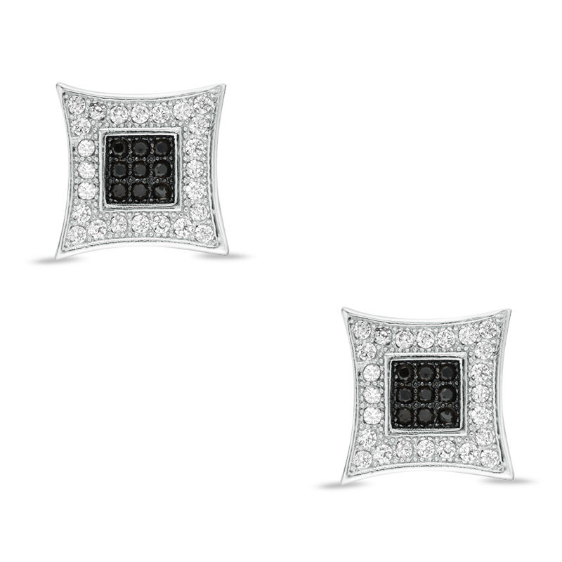 Main Image 1 of Men's Black and White Cubic Zirconia Concave Square Stud Earrings in Sterling Silver