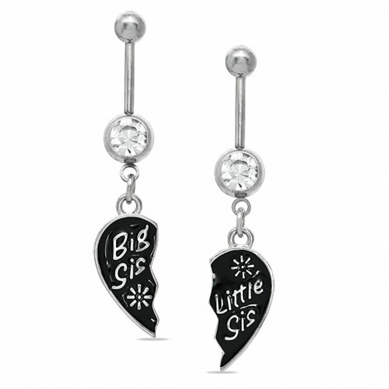 014 Gauge Breakable "Big Sis" and "Little Sis" Heart Dangle Belly Button Ring Set in Stainless Steel