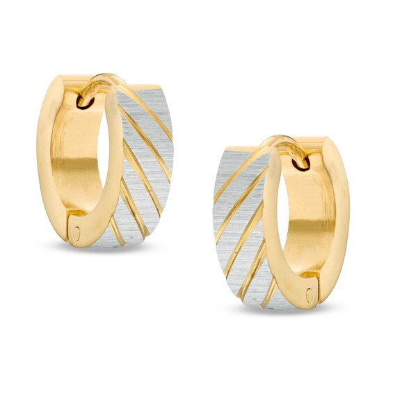 Diamond-Cut Slant Huggie Hoop Earrings in Two-Tone Stainless Steel