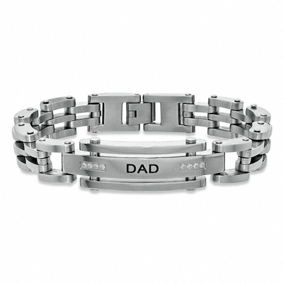 Cubic Zirconia "DAD" ID Bracelet in Stainless Steel - 9"