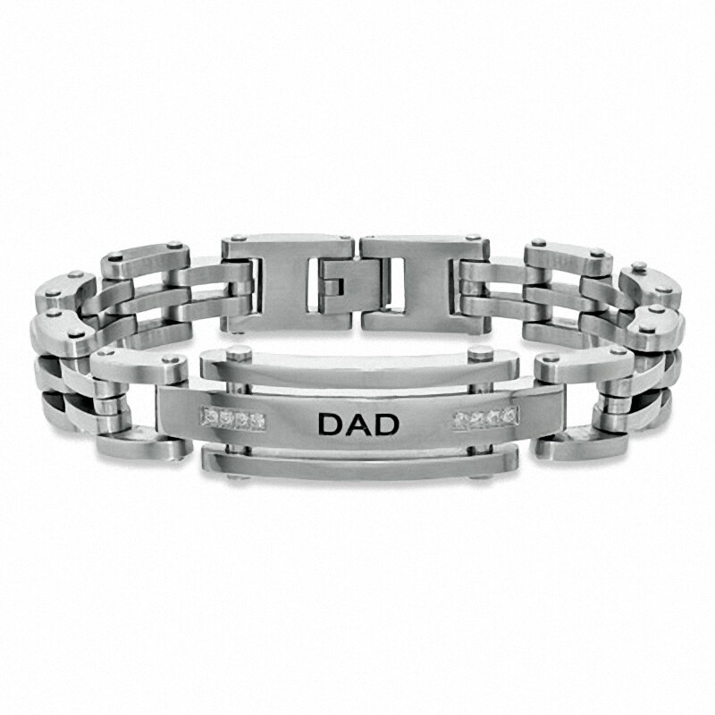 Cubic Zirconia "DAD" ID Bracelet in Stainless Steel - 9"