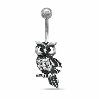 014 Gauge Owl Belly Button Ring with Crystals in Stainless Steel