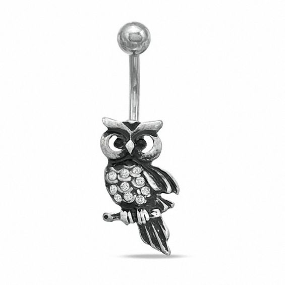 014 Gauge Owl Belly Button Ring with Crystals in Stainless Steel