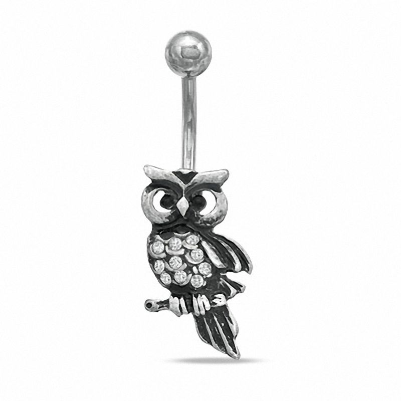014 Gauge Owl Belly Button Ring with Crystals in Stainless Steel