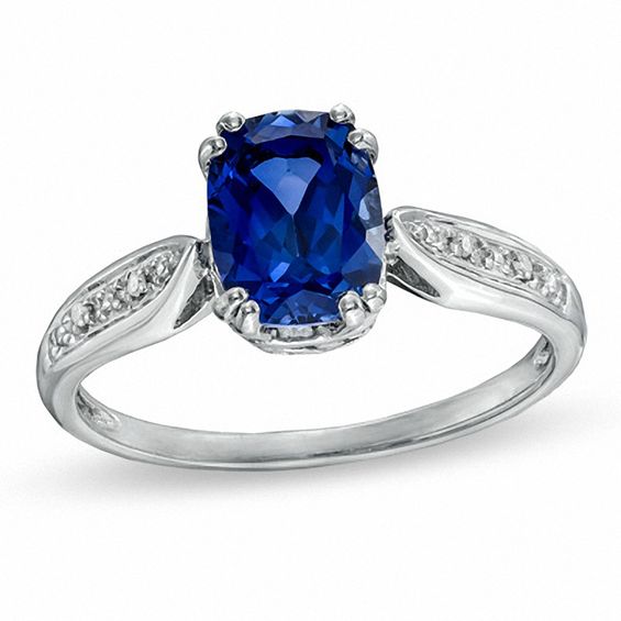 Cushion-Cut Lab-Created Blue Sapphire and Diamond Accent Ring in Sterling Silver