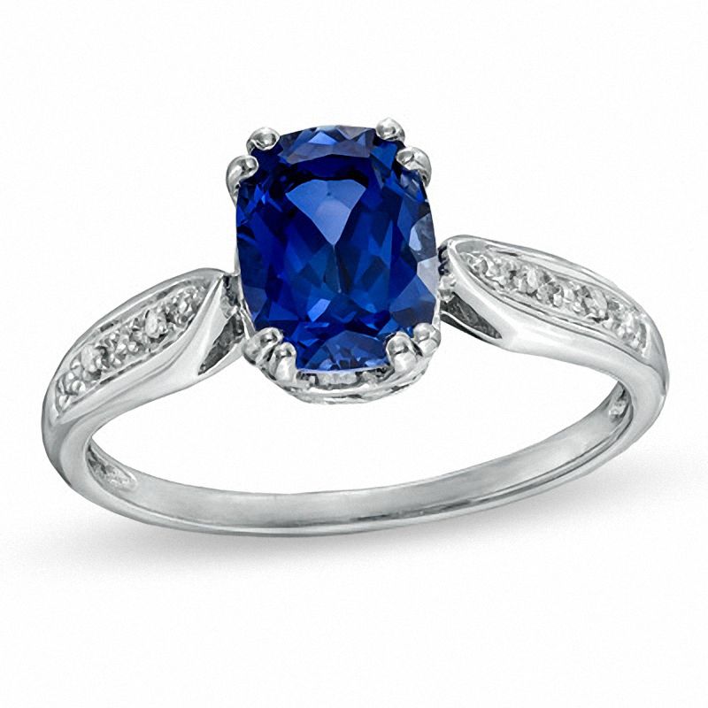 Cushion-Cut Lab-Created Blue Sapphire and Diamond Accent Ring in Sterling Silver - Size 7