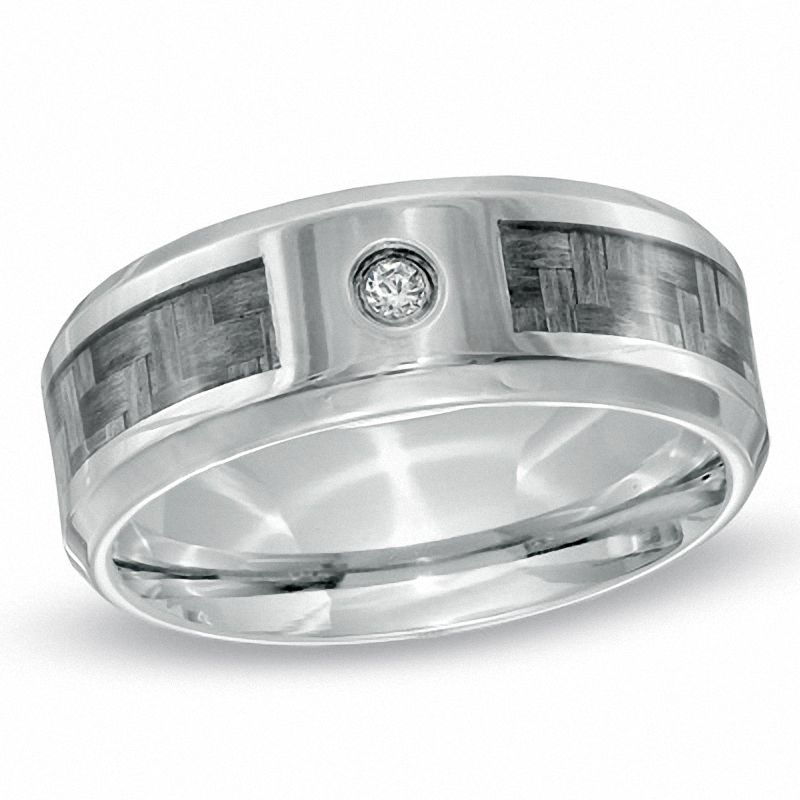 Diamond Accent Solitaire Wedding Band in Stainless Steel with Grey Carbon Fiber Inlay - Size 10