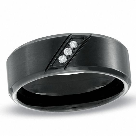 Diamond Accent Three Stone Slant Wedding Band in Black IP Stainless Steel - Size 10.5