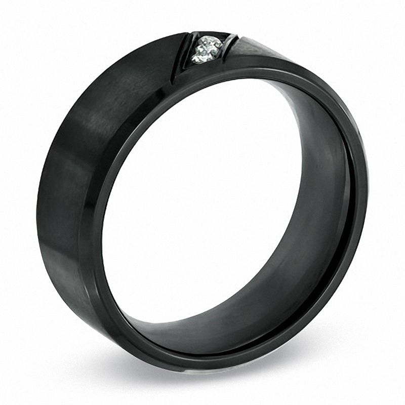 Main Image 2 of Diamond Accent Three Stone Slant Wedding Band in Black IP Stainless Steel - Size 10.5