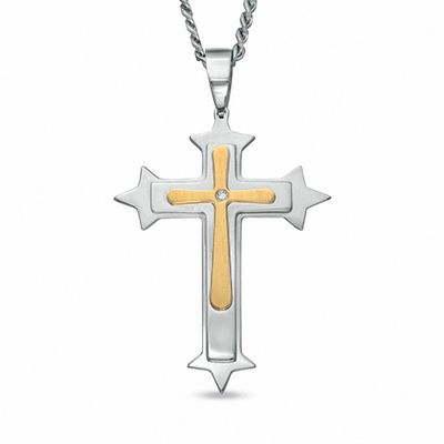 Diamond Accent Gothic Cross Pendant in Two-Tone Stainless Steel - 24"