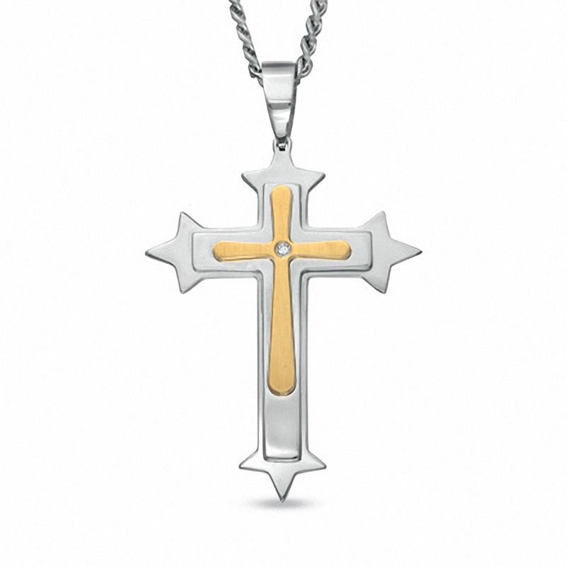 Main Image 1 of Diamond Accent Gothic Cross Pendant in Two-Tone Stainless Steel - 24"