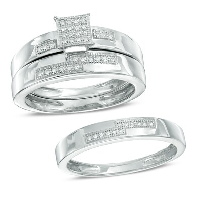 1/8 CT. T.W. Diamond Square Cluster Wedding Ensemble in Sterling Silver - Size 7 and 10.5