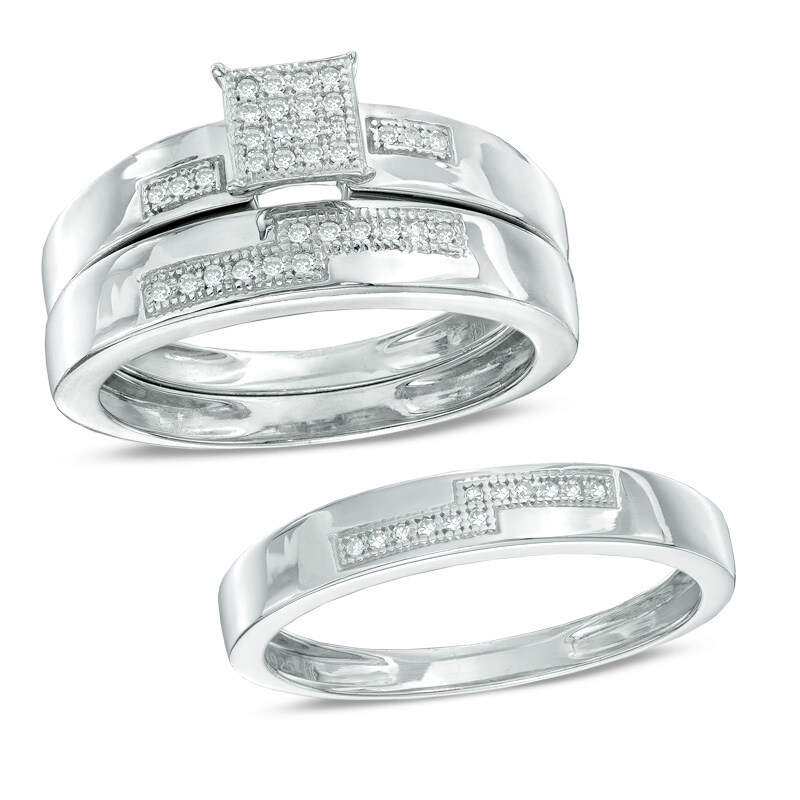 1/8 CT. T.W. Diamond Square Cluster Wedding Ensemble in Sterling Silver - Size 7 and 10.5