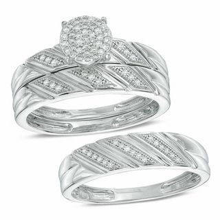 1/5 CT. T.W. Diamond Slant Wedding Ensemble in Sterling Silver - Size 7 and 10.5