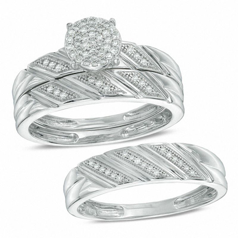 Main Image 1 of 1/5 CT. T.W. Diamond Slant Wedding Ensemble in Sterling Silver - Size 7 and 10.5