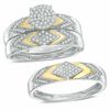 Thumbnail Image 0 of 3/8 CT. T.W. Diamond Chevron Wedding Ensemble in Sterling Silver and 14K Gold Plate - Size 7 and 10.5